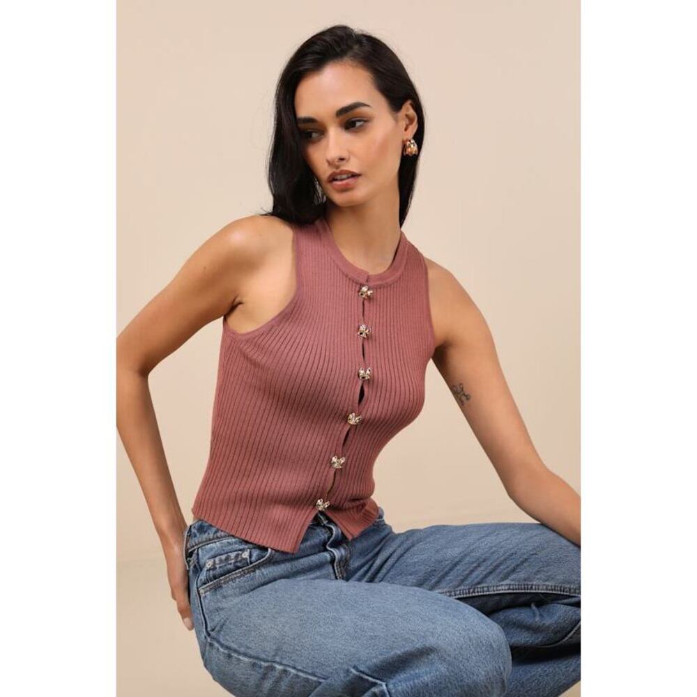Lulus Conceptually Chic Rust Brown Ribbed Knit Button-front Tank Top - Size L - Picture 2 of 5